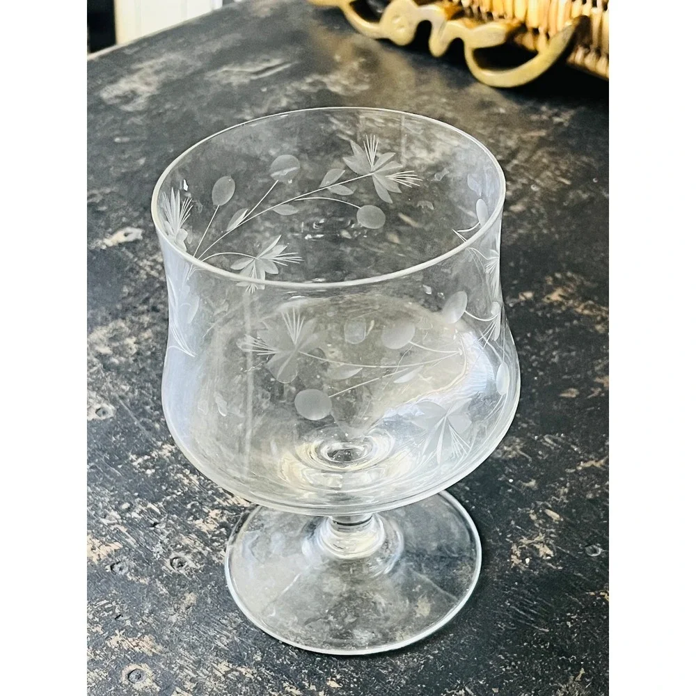 MCM Arcadia Etched Brandy Glass 1950s 1960s Romania Vintage Snifter Single Glass